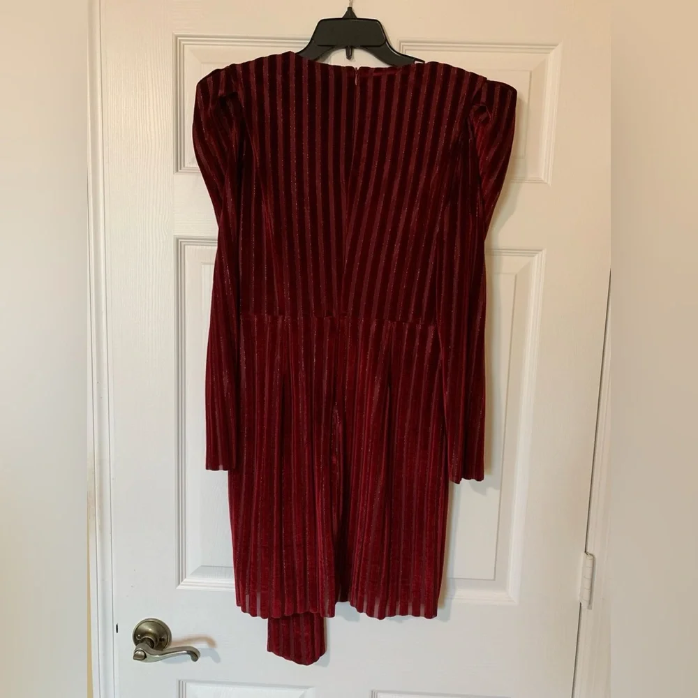 Layered With Love Yasmeen Puff Sleeve V-Neck Shadow Stripe Red Velvet Mini Dress